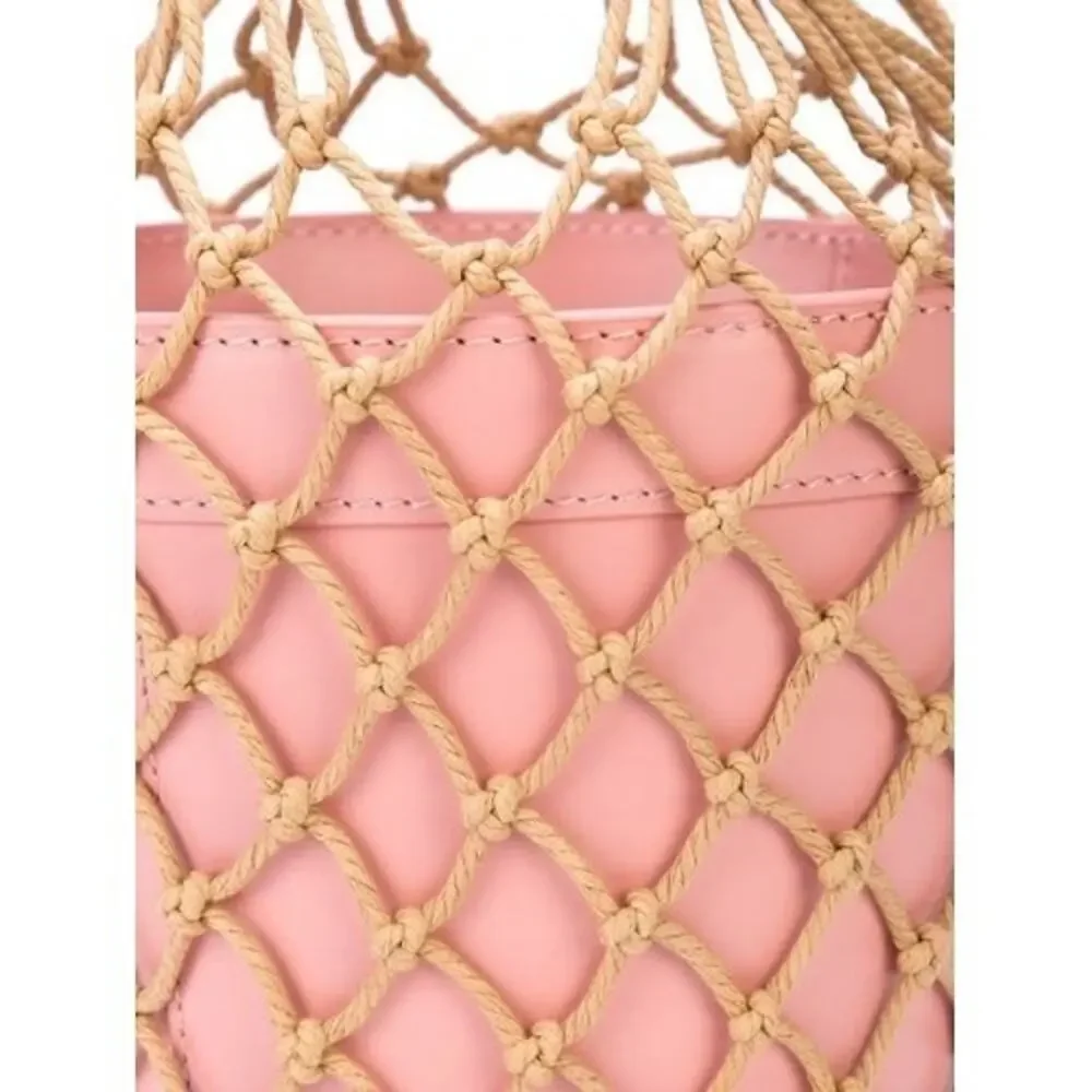 STAUD Moreau macrame and leather Net bucket bag pink